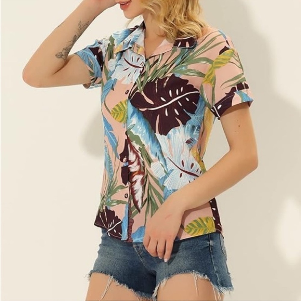 Allegra K Hawaiian Floral Print Button Up Shirt